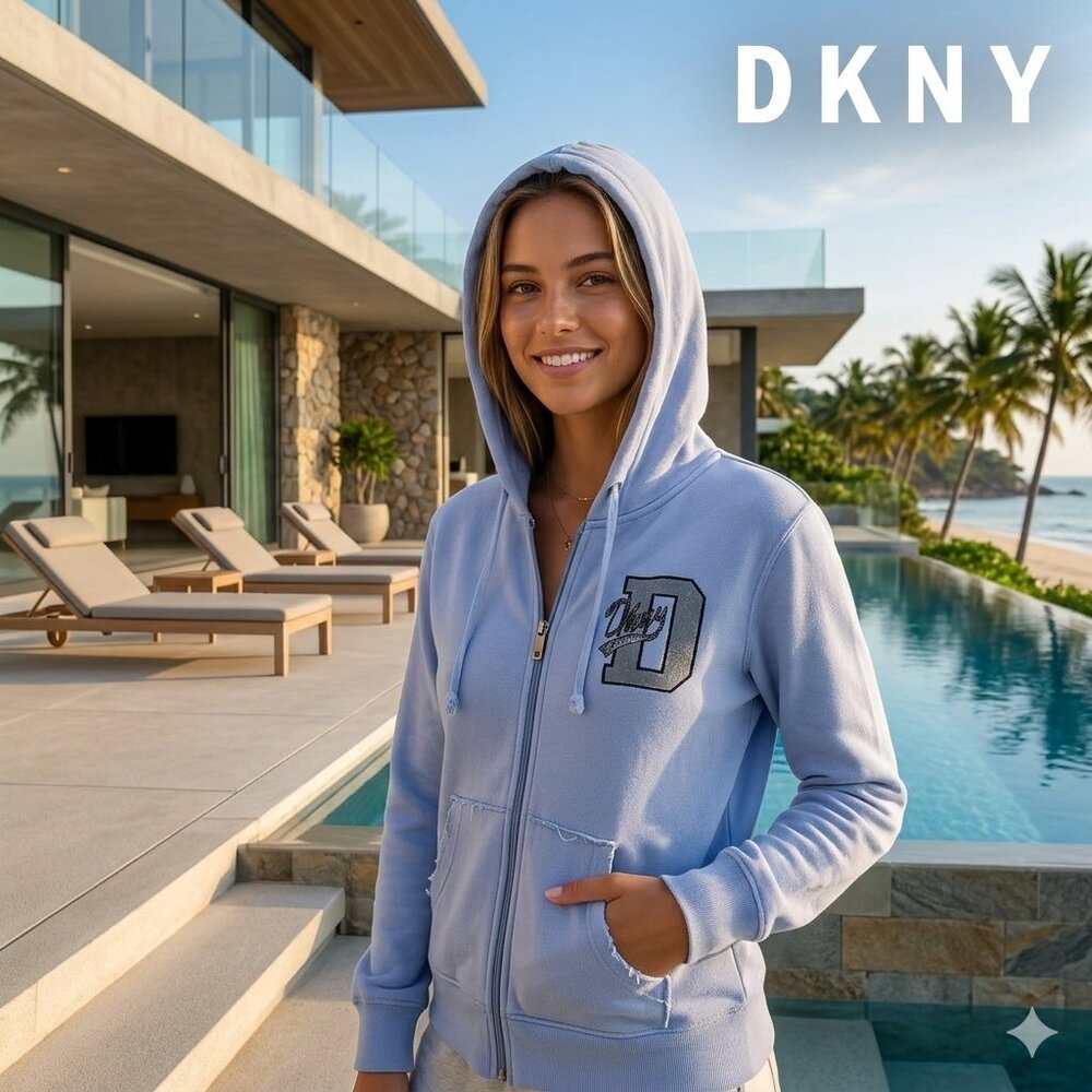 DKNY Active Women M Hoodie Sweatshirt Cotton 2-Pocket Blue Full Zip Logo Twee
